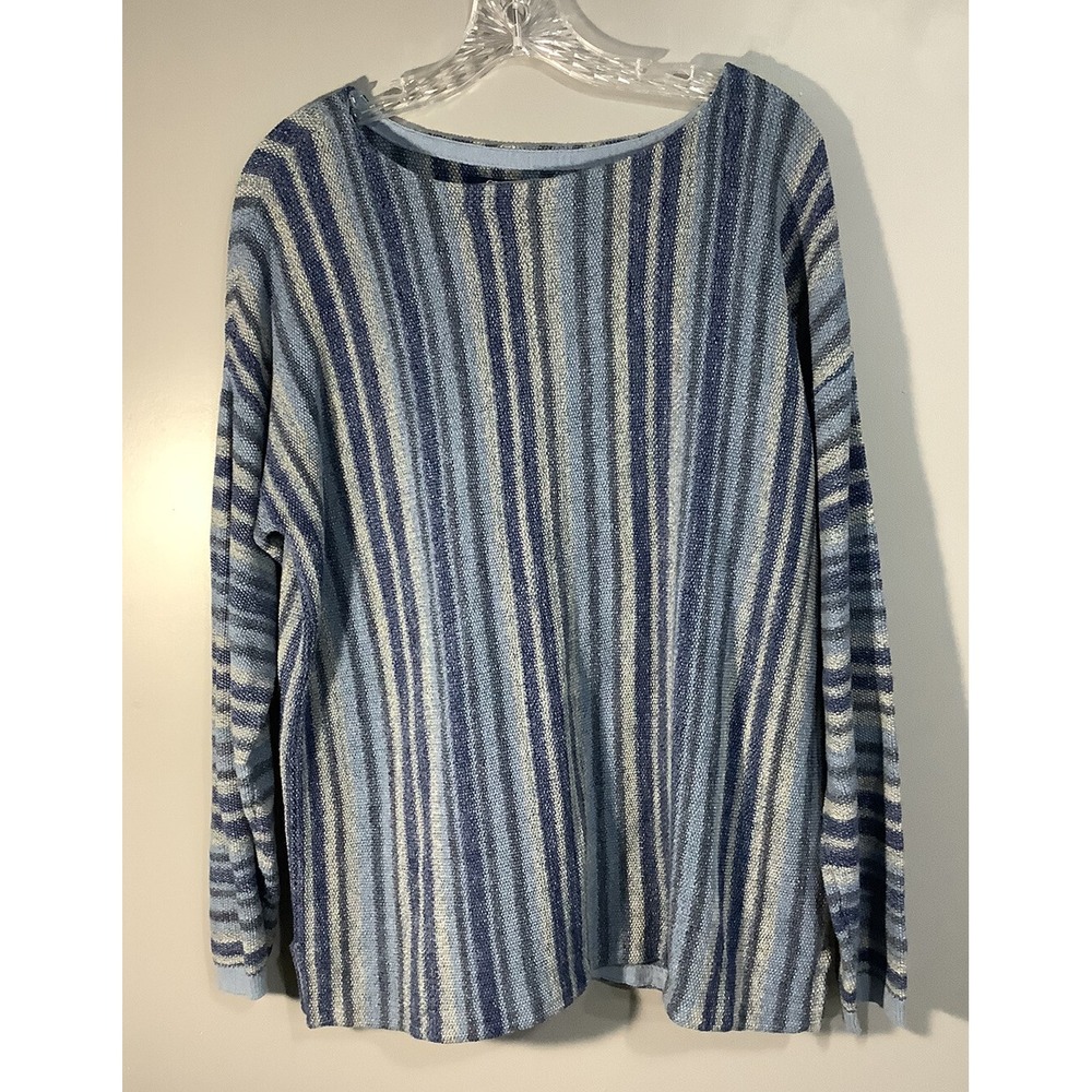 CHAPS Women's Blue Stripe Cotton/Linen Blend Long Sleeve Sweater‎ L